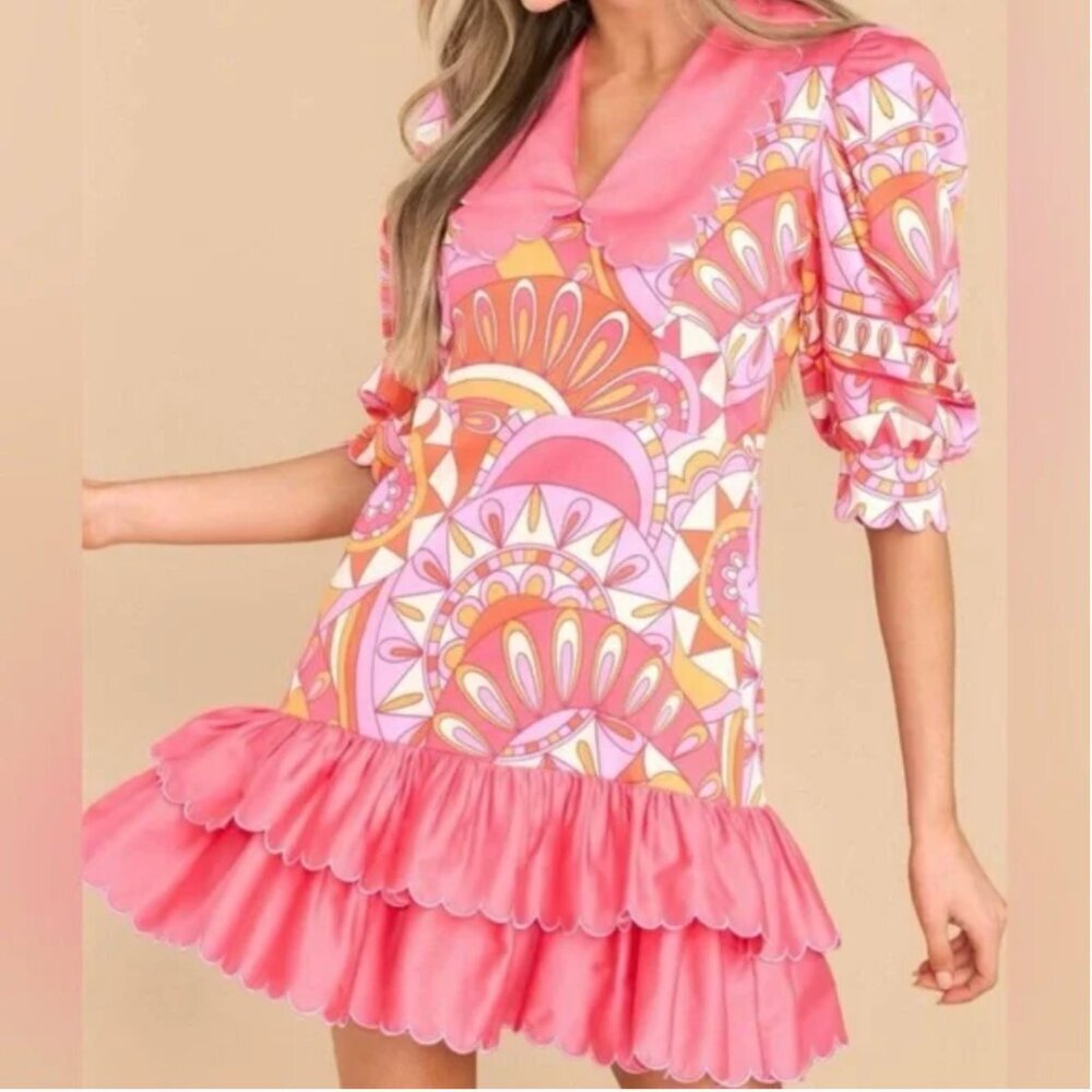 Alden Adair Piper Dress Groovy Baby Scalloped Collar Retro Paisley Pink Medium